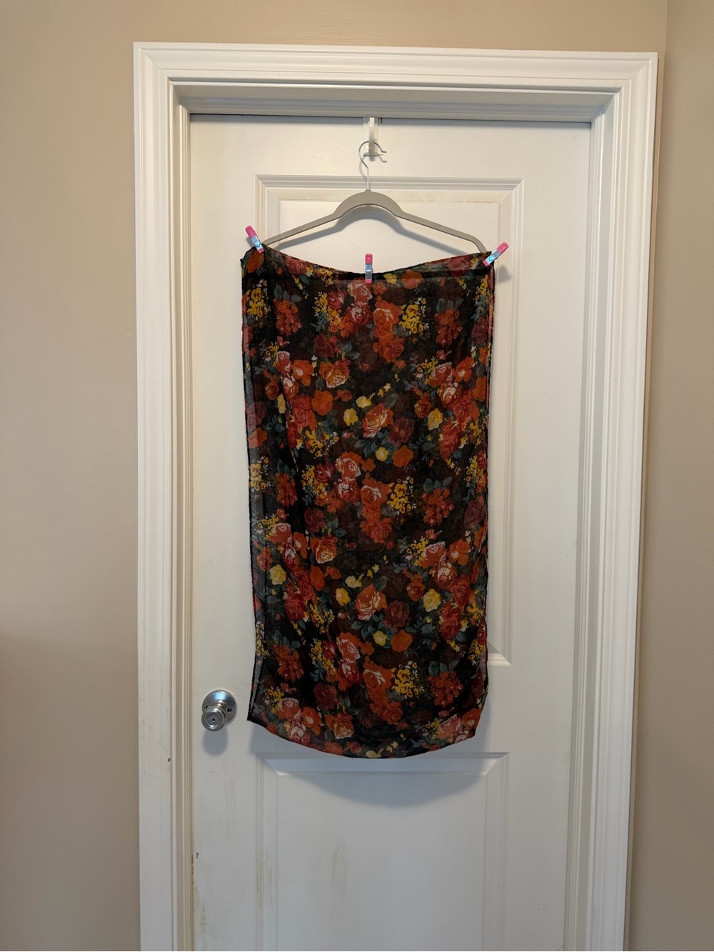 Floral Sheer Scarf Wrap in Black with Red and Orange Blooms